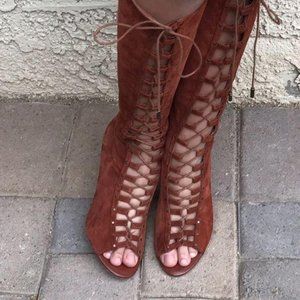 Joie Aubrey Lace Up Rust Colored Suede Boots